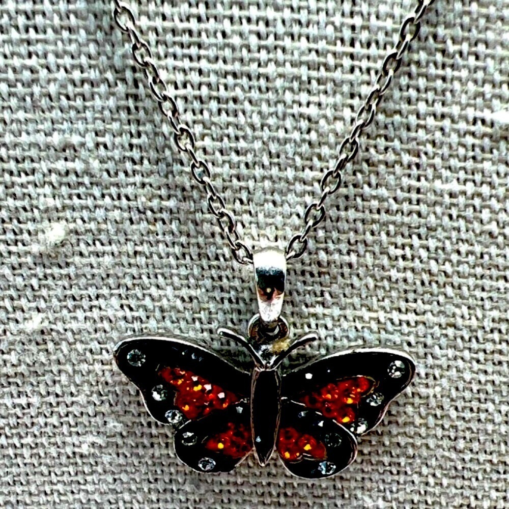 Butterfly Pendant Necklace With Clear, Orange & Black Rhinestones. B52 - Picture 2 of 12